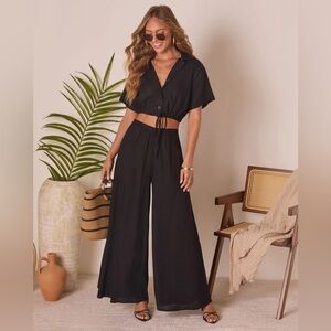 NEW VICI Linen Gabbie Short Sleeve Button Up Top and High Rise Pants Outfit Set